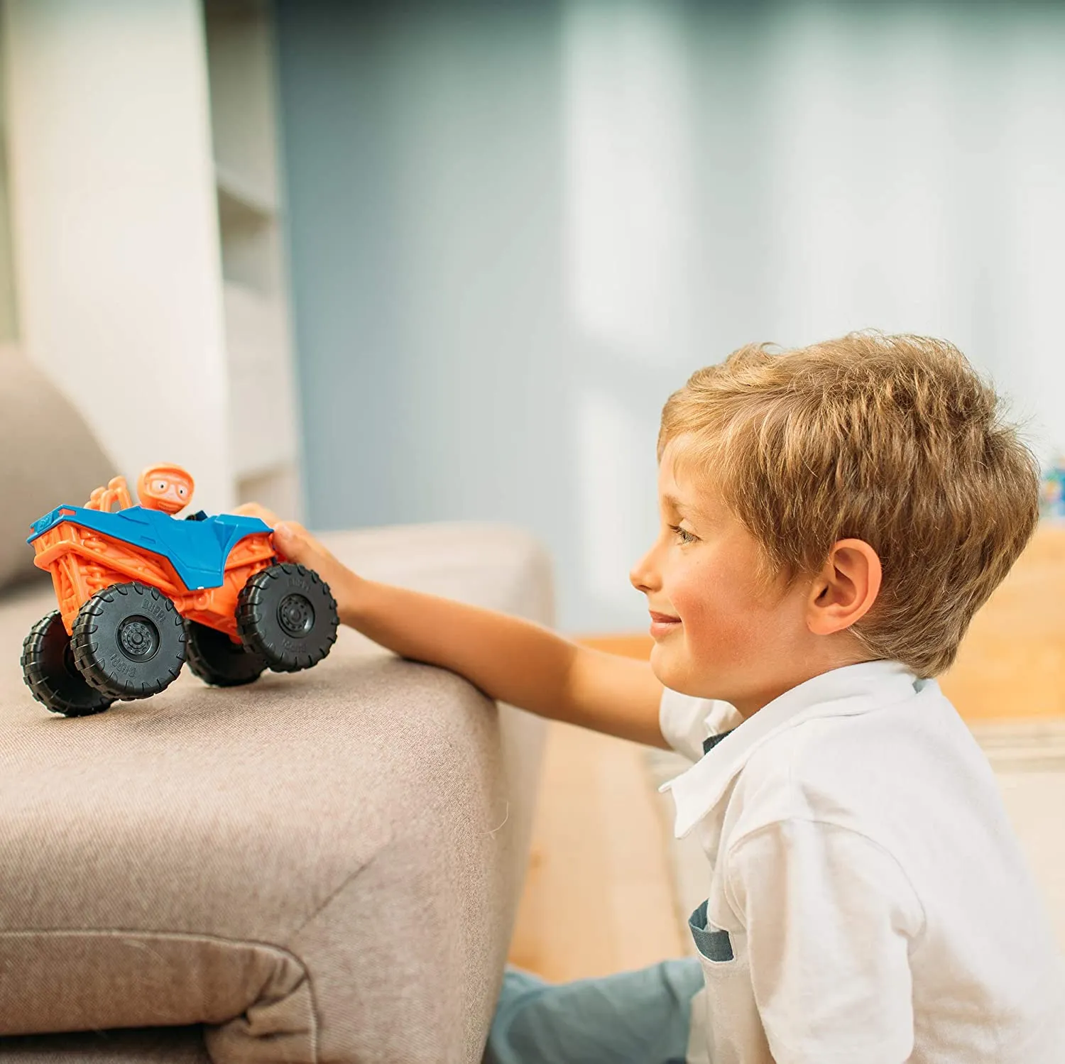 Blippi Monster Truck Mobile - Mini Vehicle with Freewheeling Features Including 2” Character Toy Figure and Cool Hydraulics