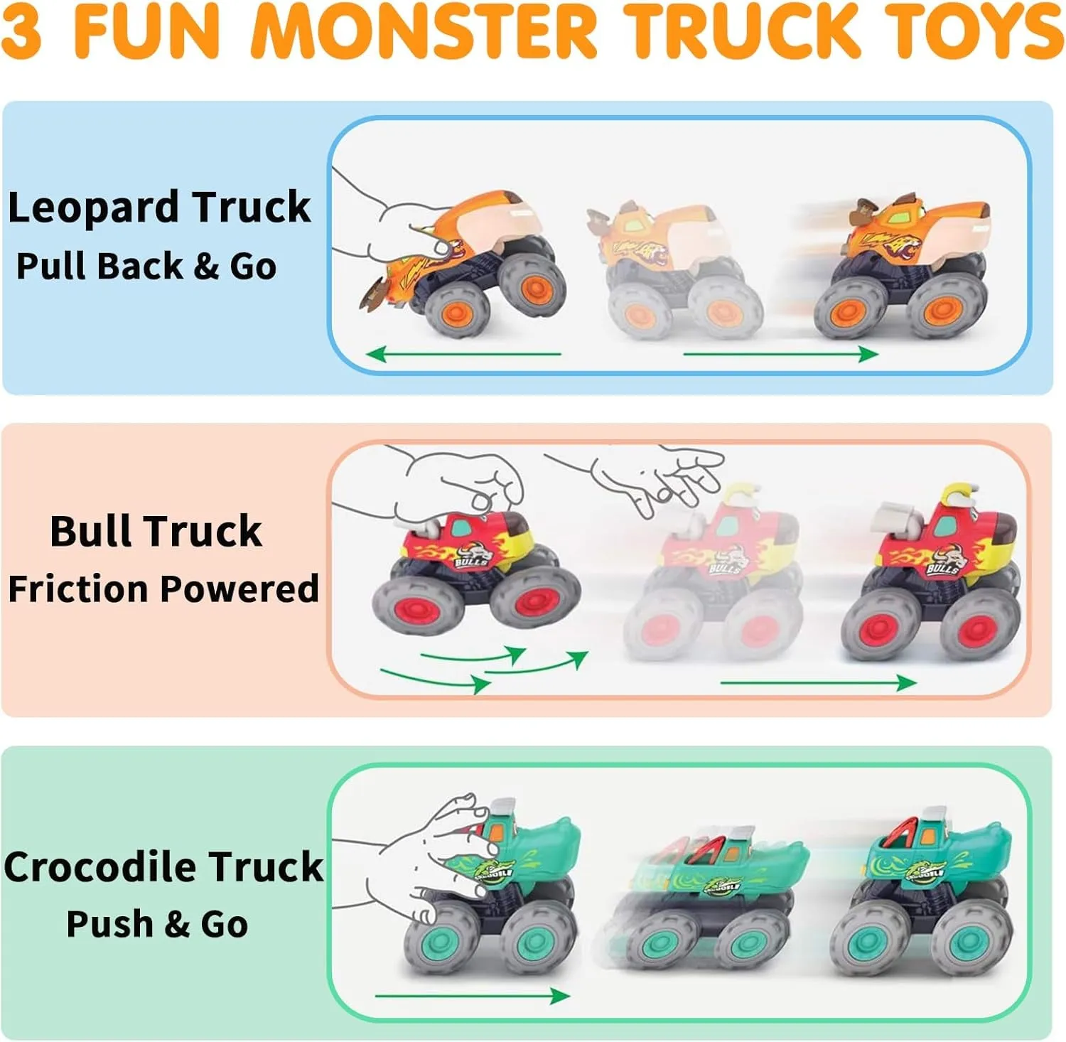 MOONTOY Toy Cars for 1 2 3 Year Old Boys, 3 Pack Friction Powered Cars Pull Back Toy Cars Set - Bull Truck, Leopard Truck, Crocodile Trucks, Push and Go Toy Cars for Toddler Boys Baby Gift.