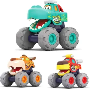 MOONTOY Toy Cars for 1 2 3 Year Old Boys, 3 Pack Friction Powered Cars Pull Back Toy Cars Set - Bull Truck, Leopard Truck, Crocodile Trucks, Push and Go Toy Cars for Toddler Boys Baby Gift.