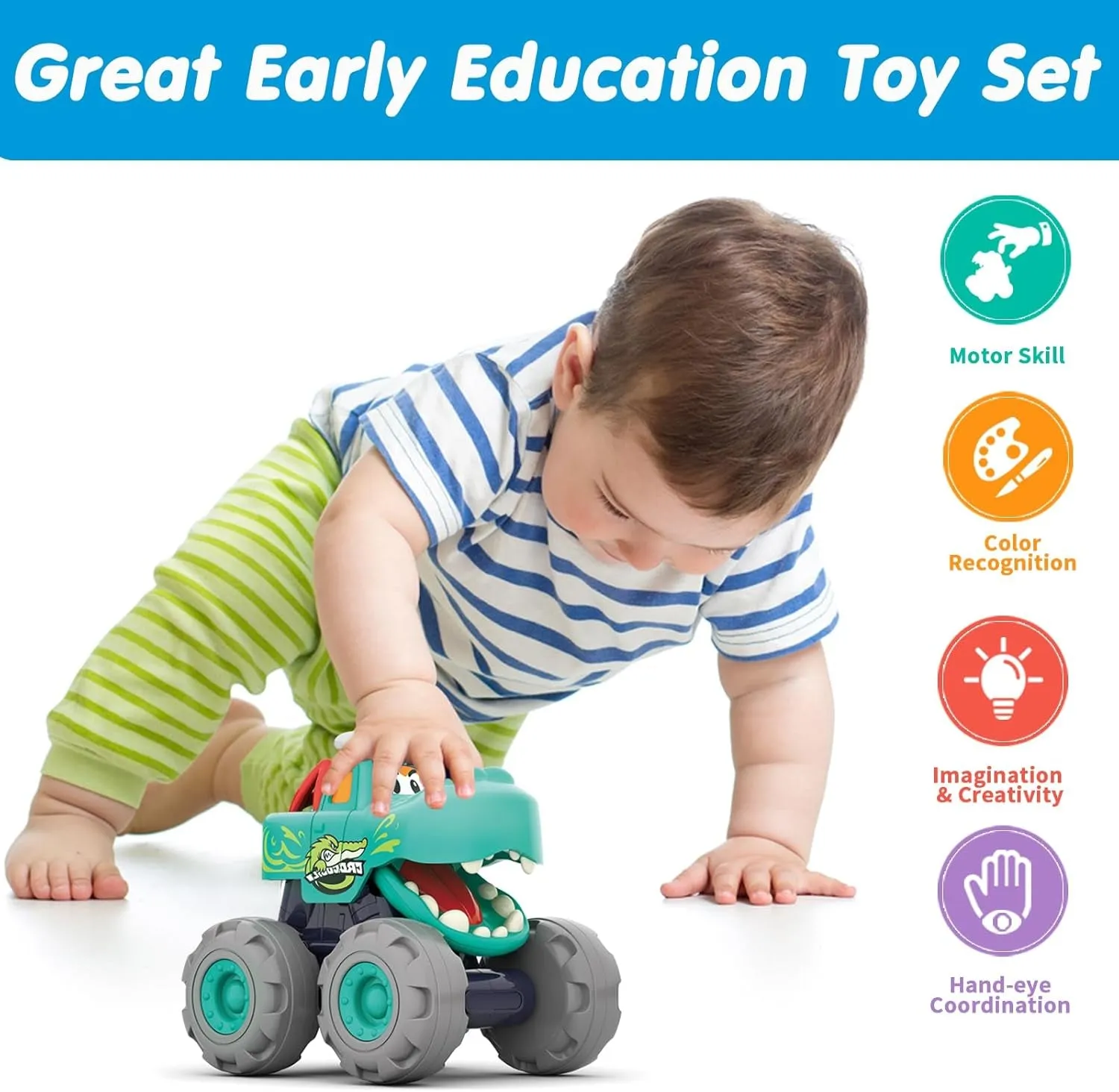 MOONTOY Toy Cars for 1 2 3 Year Old Boys, 3 Pack Friction Powered Cars Pull Back Toy Cars Set - Bull Truck, Leopard Truck, Crocodile Trucks, Push and Go Toy Cars for Toddler Boys Baby Gift.