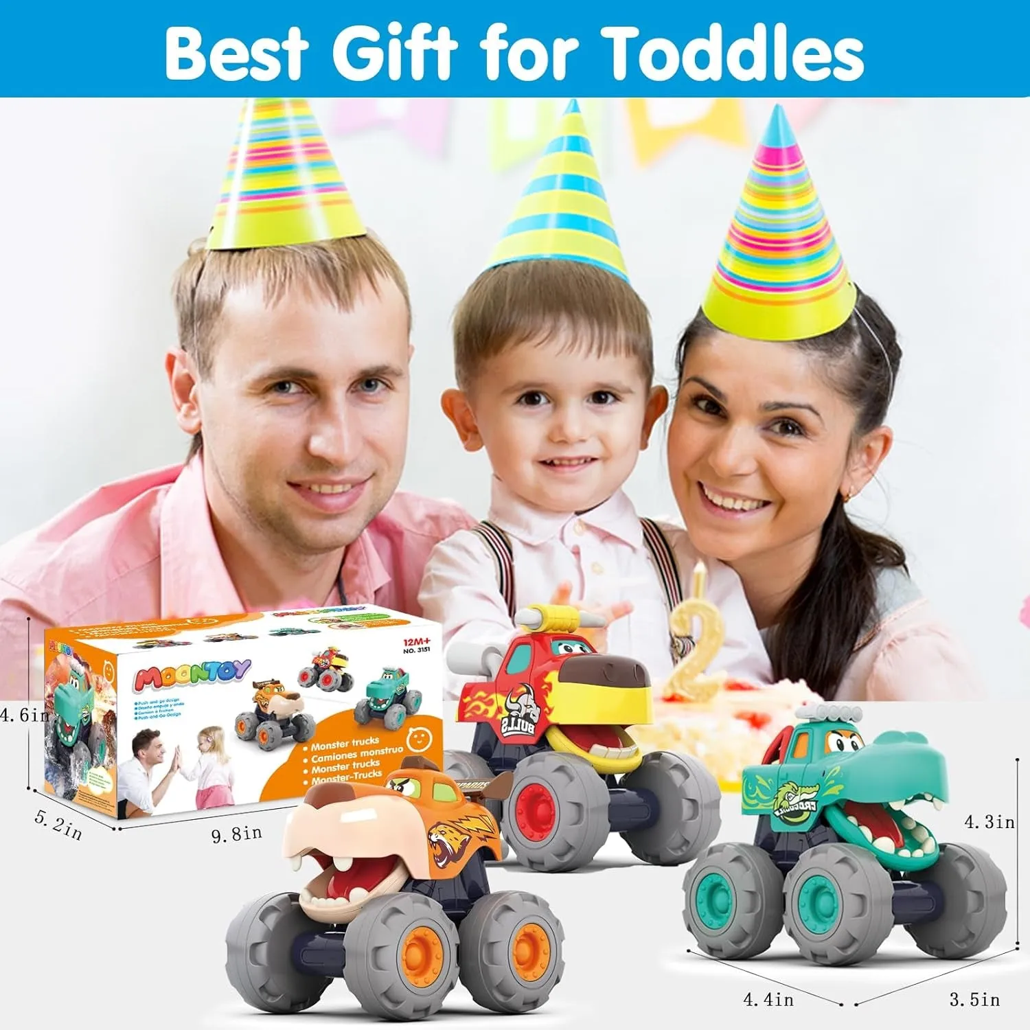 MOONTOY Toy Cars for 1 2 3 Year Old Boys, 3 Pack Friction Powered Cars Pull Back Toy Cars Set - Bull Truck, Leopard Truck, Crocodile Trucks, Push and Go Toy Cars for Toddler Boys Baby Gift.