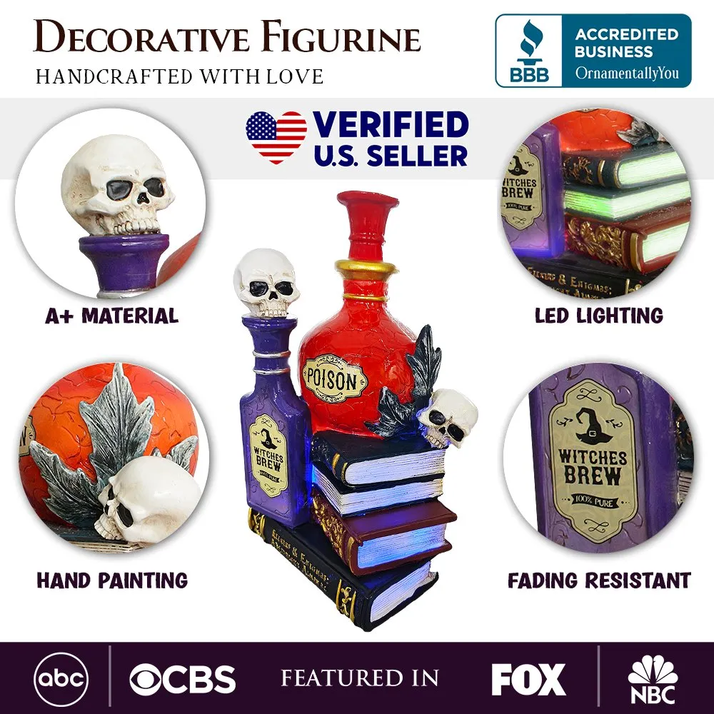 Sorcerer’s Syrups Spooky Lighted Figurine, 8" Potions Poisons and Books Halloween Statue