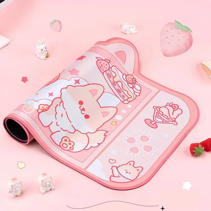 Strawberry Dessert Fox Desk Pad
